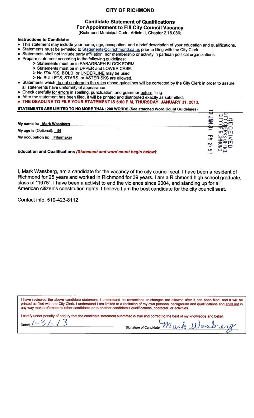 Candidate Qualifications M Wassberg